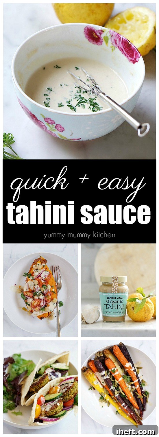 This simple tahini sauce recipe is naturally vegan, gluten free, and has no added oil. It adds delicious flavor to vegetables, wraps, and falafel pitas.