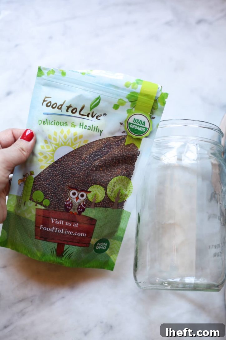 Photograph of a bag of high-quality organic broccoli sprouting seeds next to a mason jar, resting on a pristine marble countertop, ready for the sprouting process.