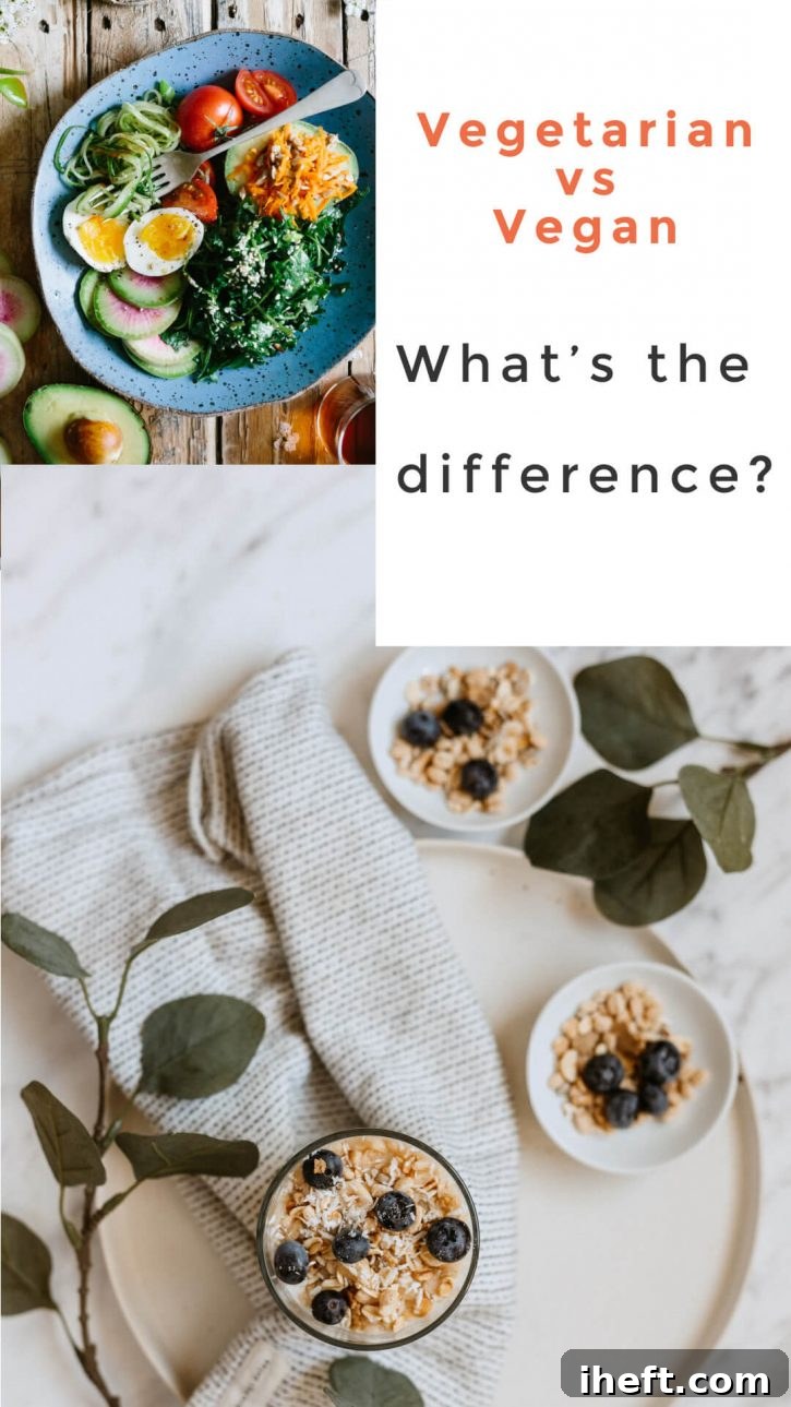 A vibrant vegetarian bowl showcasing fresh ingredients sits beside a creamy vegan oat breakfast. The image has a text overlay that reads, 
