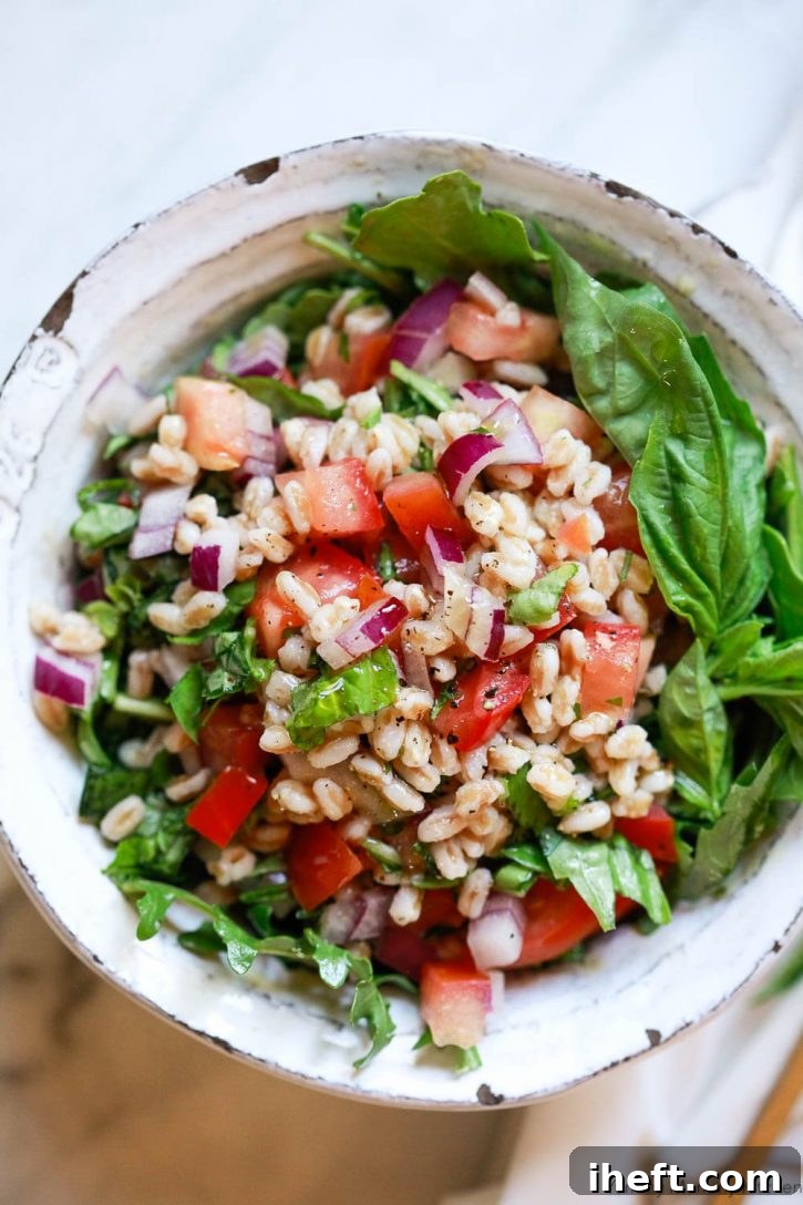 A bowl of Italian farro salad to show healthy whole grains. 