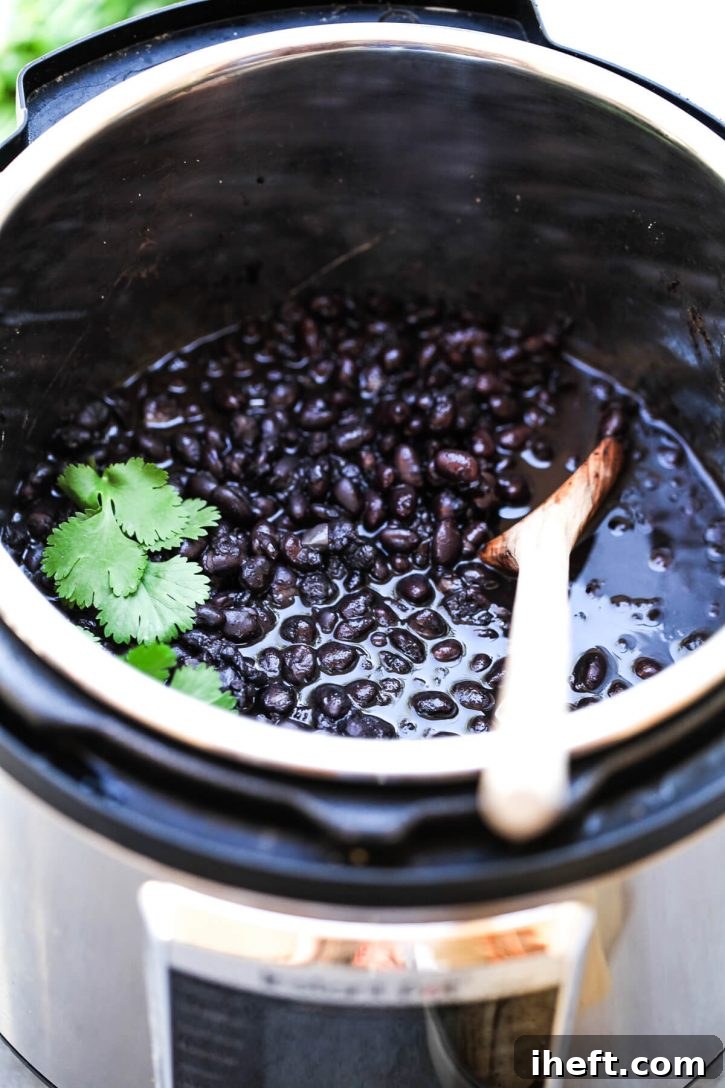 A vibrant photograph of perfectly cooked black beans served in a bowl, with the Instant Pot visible in the background, suggesting ease and deliciousness.