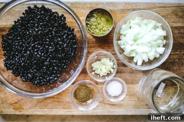 A beautifully arranged overhead photograph displaying the essential ingredients for Instant Pot black beans: dry black beans, aromatic cumin, fresh garlic, coarse salt, chopped onion, zesty chilies, and pure water.