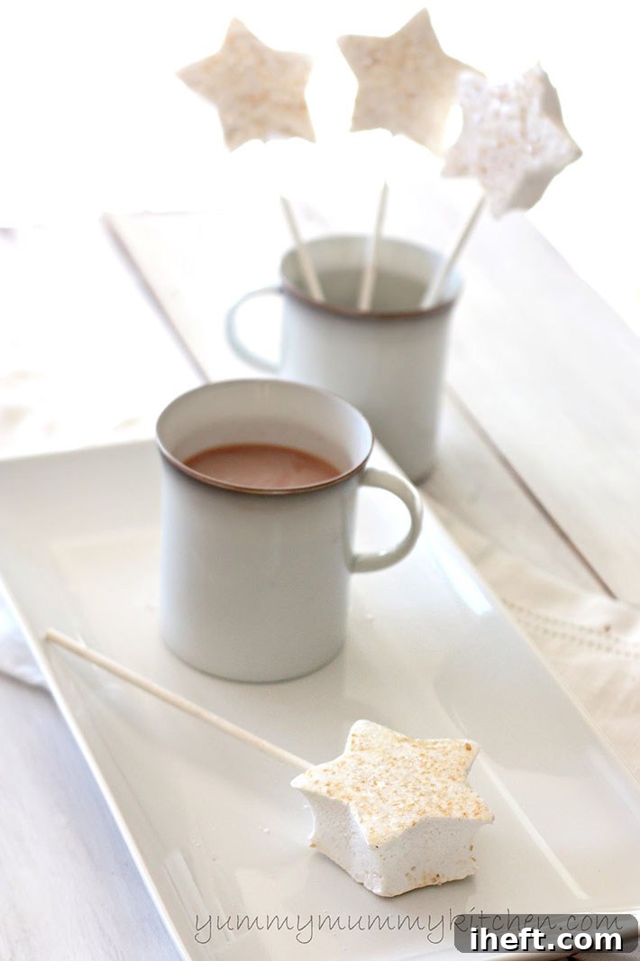 Beautiful shimmery star marshmallows on sticks on a white platter and propped up in a white mug.