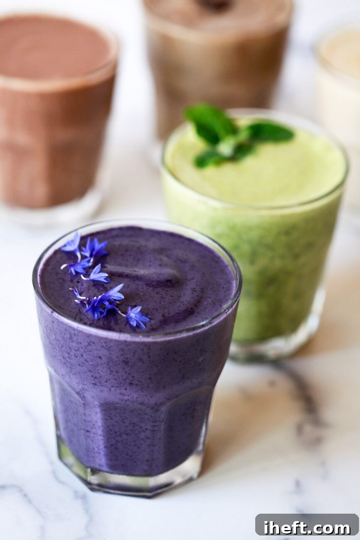 A beautiful array of five vibrant and delicious protein shakes sits on a kitchen counter, with a striking purple berry shake topped with edible flowers prominently in the foreground.