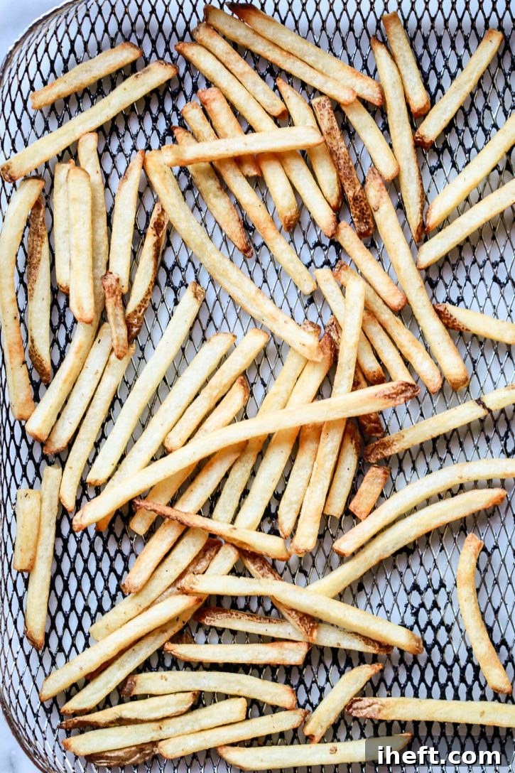 Air fryed frozen french fries are seen in an air fryer basket on a kitchen counter.