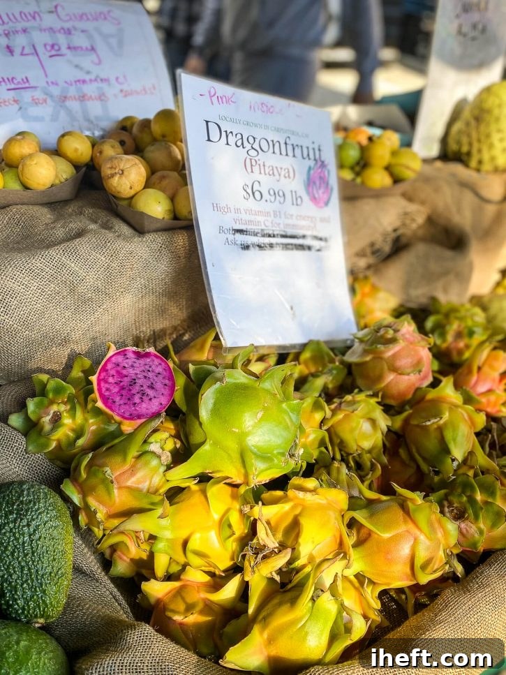 Photograph of an exotic fruit display at the Santa Barbara farmers market featuring dragon fruit. 