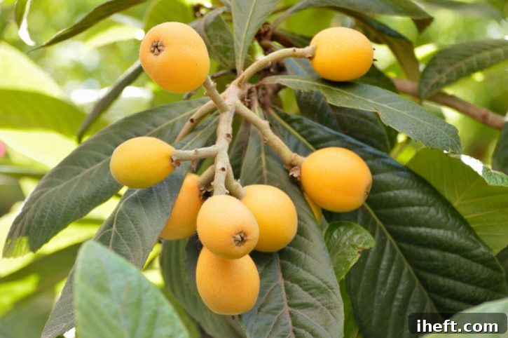 Loquats grow on a tree with large green leaves. A delicious sweet exotic fruit that grows in California. 