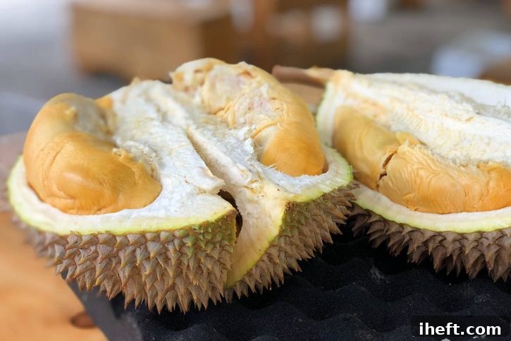 Photograph of halves of durian fruit. 
