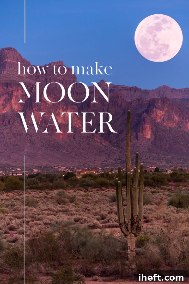 A beautiful photograph of mountains in the desert at dusk with a full moon. Text overlay reads, "how to make moon water"