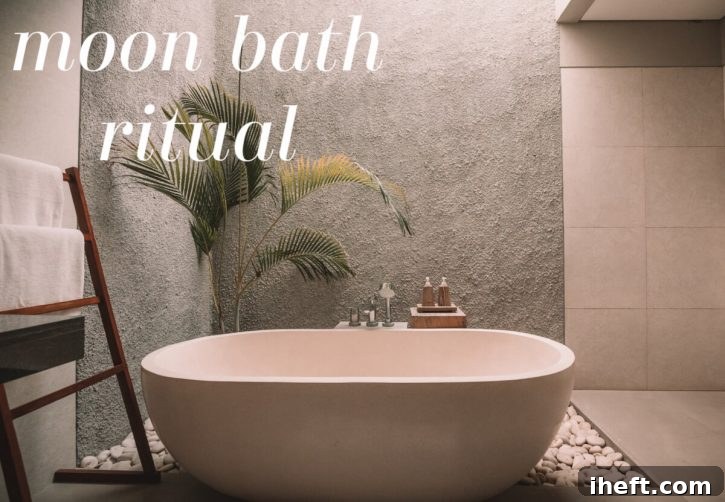 Photograph of a serene bathtub with text overlay that reads, "moon bath ritual"