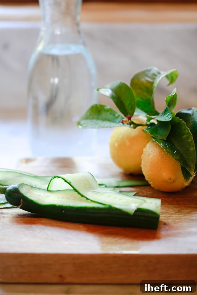A jug of water sits behind an English cucumber that is getting peeled into ribbons on a cutting board with lemons to the side. 