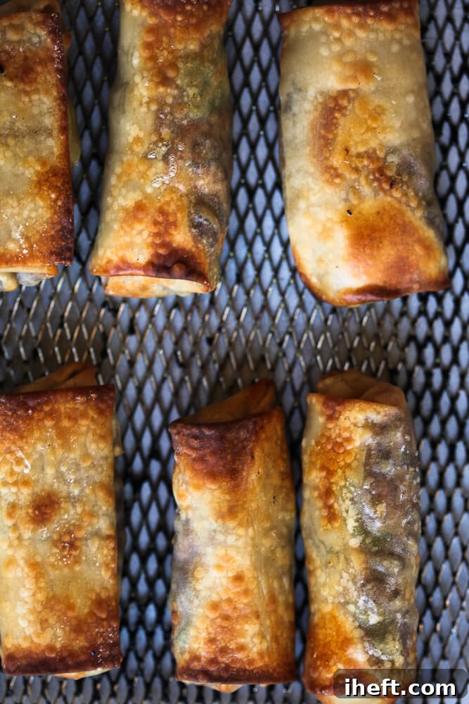 Crispy egg rolls sit in the basket of an air fryer. 