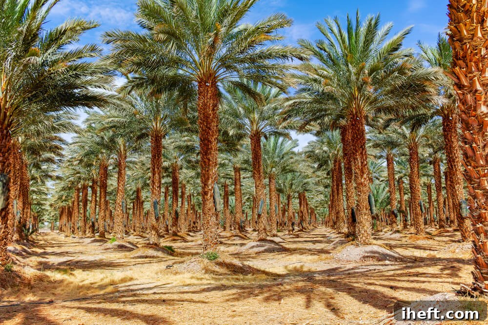 Photo of Medjool date palm trees growing in Israel. 