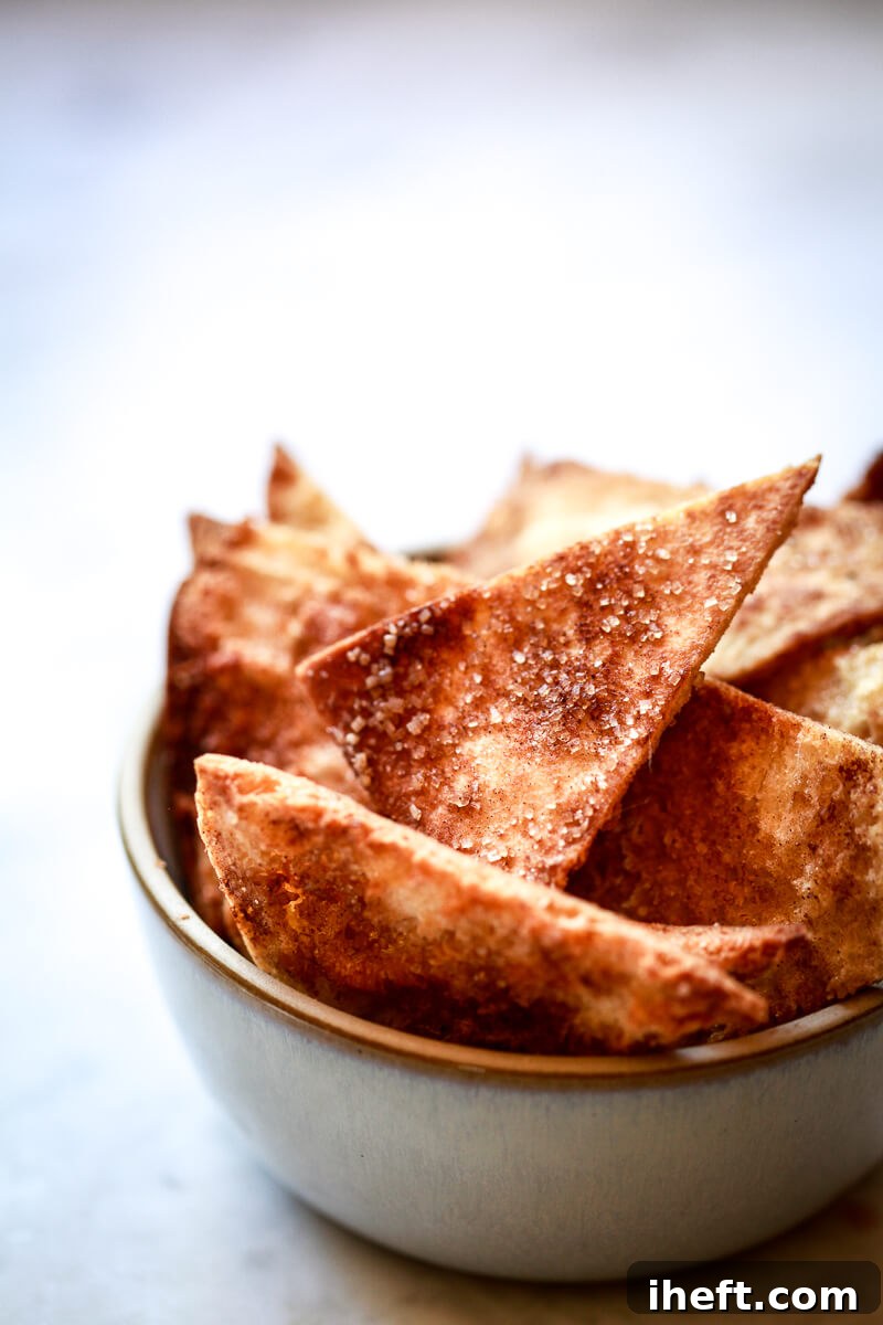 A ceramic bowl filled with homemade cinnamon sugar pita chips.