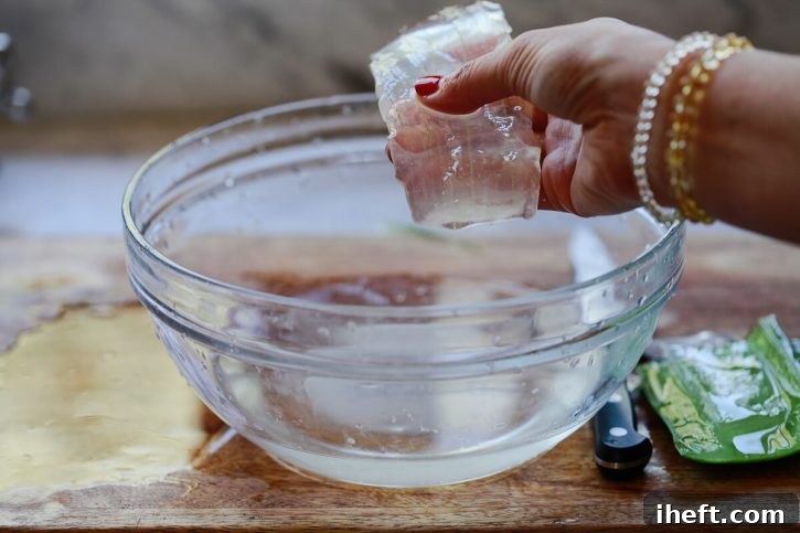 A pristine piece of fresh aloe vera gel is shown being carefully rinsed in a bowl of clear water. This vital step is performed to eliminate any residual bitterness or traces of latex, ensuring the gel is ready for consumption or further preparation.