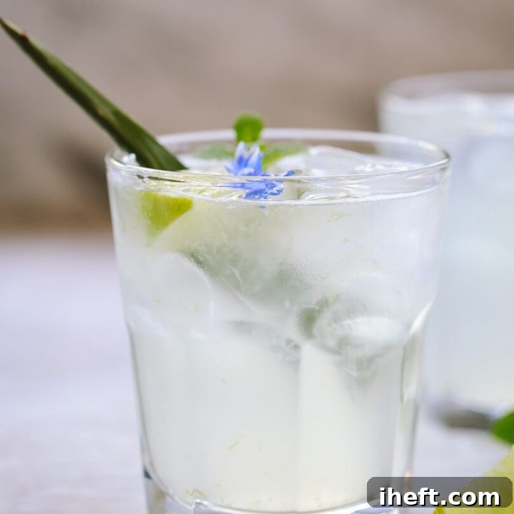 A glass of homemade aloe vera juice with ice.