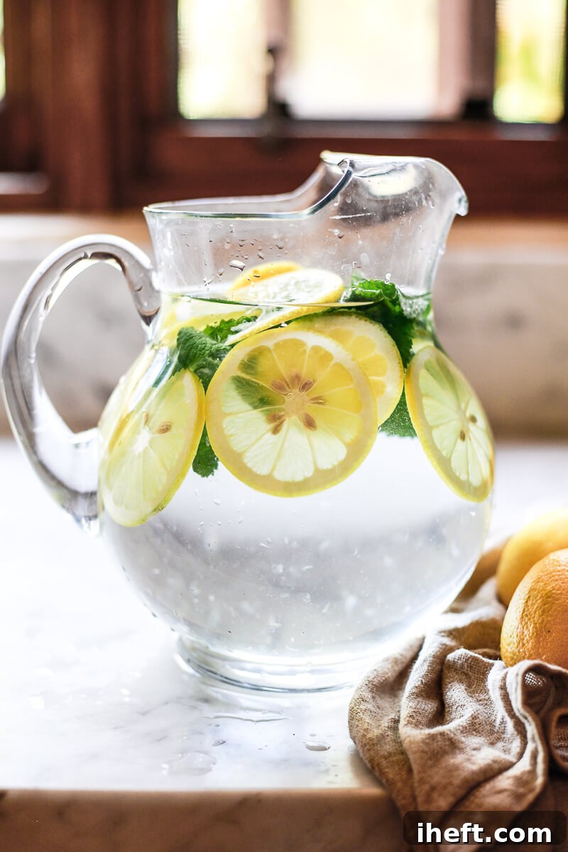 A pitcher of lemon water in a white kitchen.