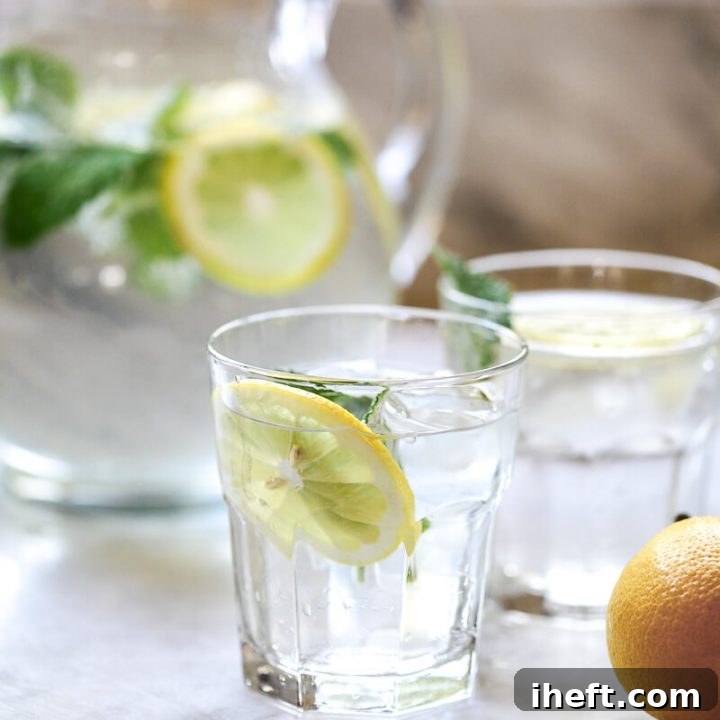 Lemon water on a white kitchen counter.
