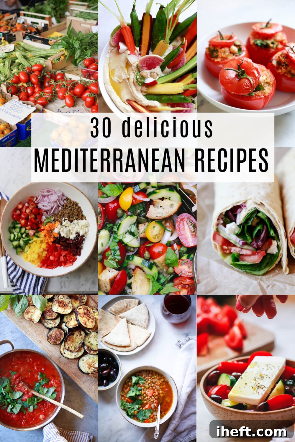 A collage of 9 healthy Mediterranean diet recipes including salads, dips, and main courses.