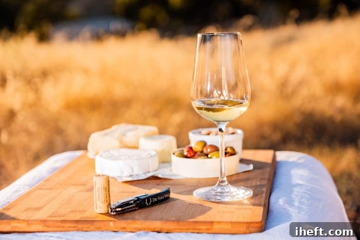 A beautiful outdoor picnic with white wine, cheese, and olives.