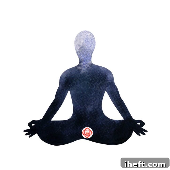 A serene watercolor graphic depicting a person in lotus pose, with the vibrant red Root Chakra symbol situated at the base of the spine near the pelvis, illustrating its anatomical location and energetic connection.