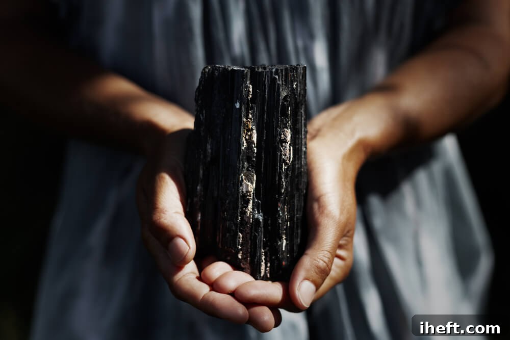 A pair of hands gently holding a rough, deep black tourmaline crystal, symbolizing protection and grounding for the Root Chakra.