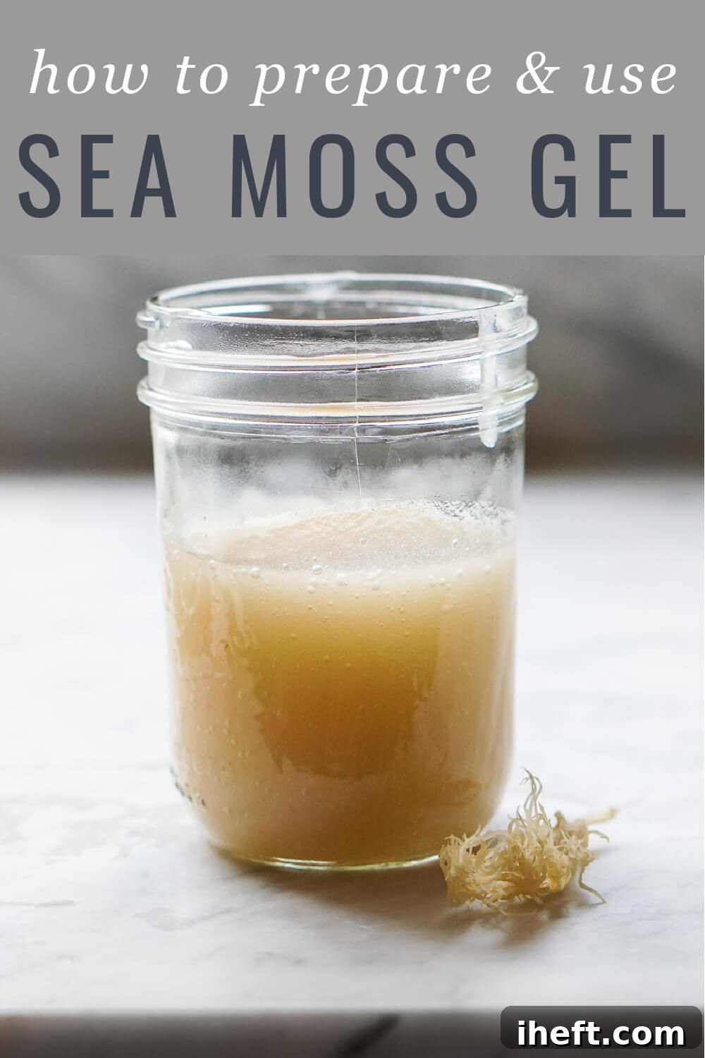 A jar of freshly prepared sea moss gel sits elegantly on a polished marble countertop, accompanied by a piece of raw, dried sea moss, illustrating its transformation.