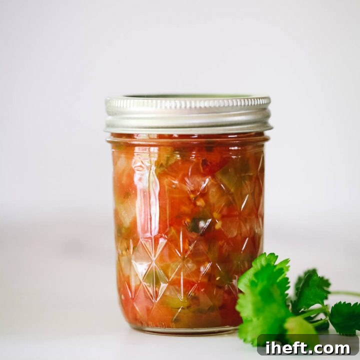 One Ball jar filled with canned salsa.