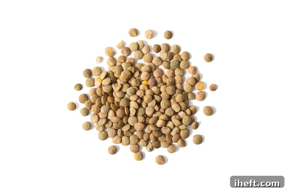 A pile of green lentils, illustrating their earthy hue.