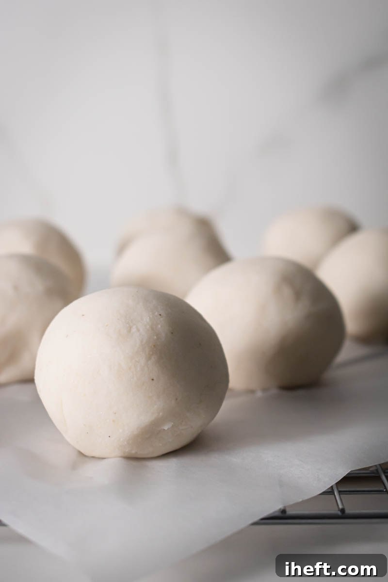 Eight perfectly uniform balls of arepa dough neatly arranged in a row on a clean kitchen counter, ready for the next shaping step.