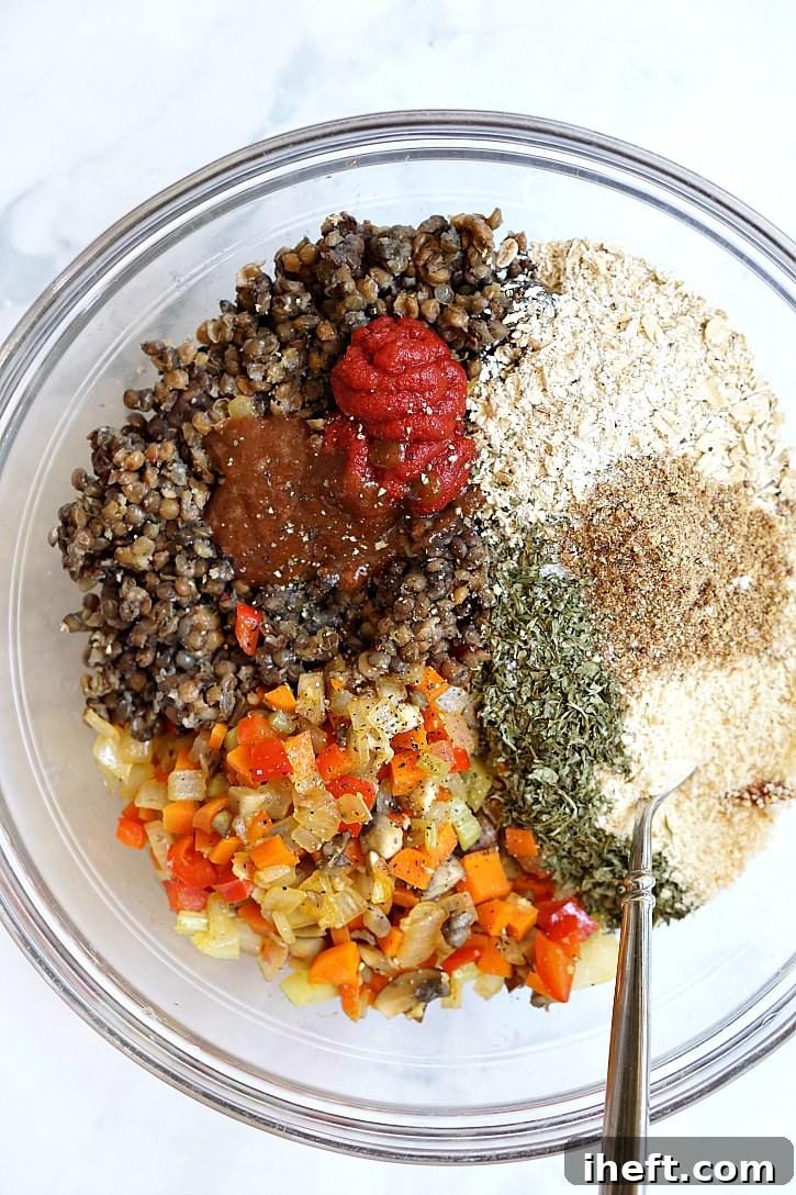 Key ingredients for a wholesome vegan lentil loaf: lentils, mixed vegetables, breadcrumbs, and oats, ready for preparation.