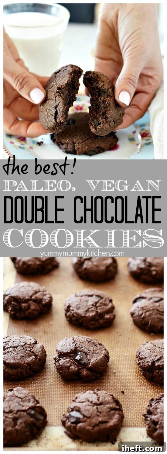 The best double chocolate chip cookies made with healthier ingredients like almond and coconut flours and almond butter. These delicious fudgy dark chocolate cookies are gluten-free, paleo, and vegan!