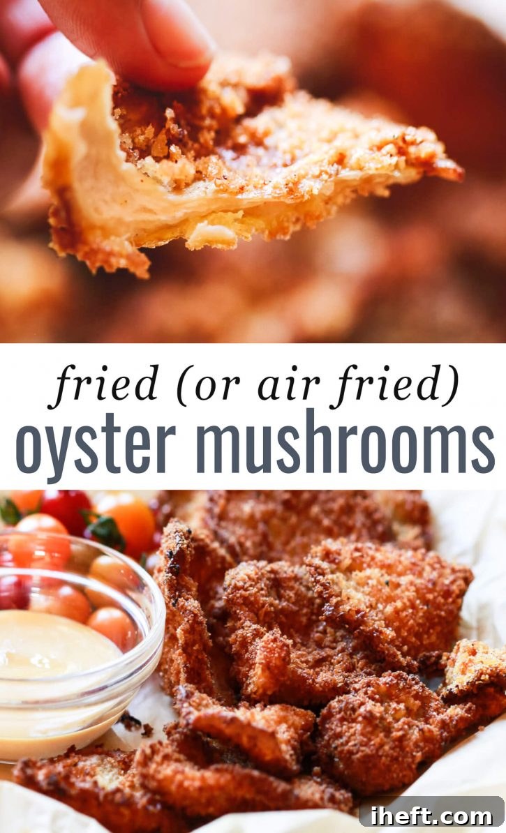 A two-part collage showing fresh oyster mushrooms transforming into golden-brown, crispy fried oyster mushrooms.