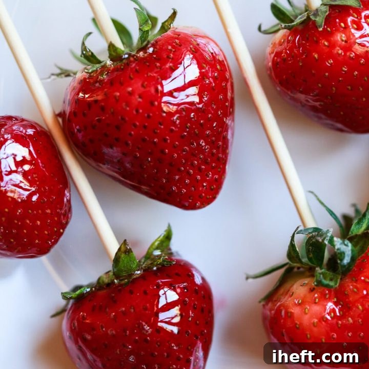 A close-up photo of tanghulu candied strawberries.