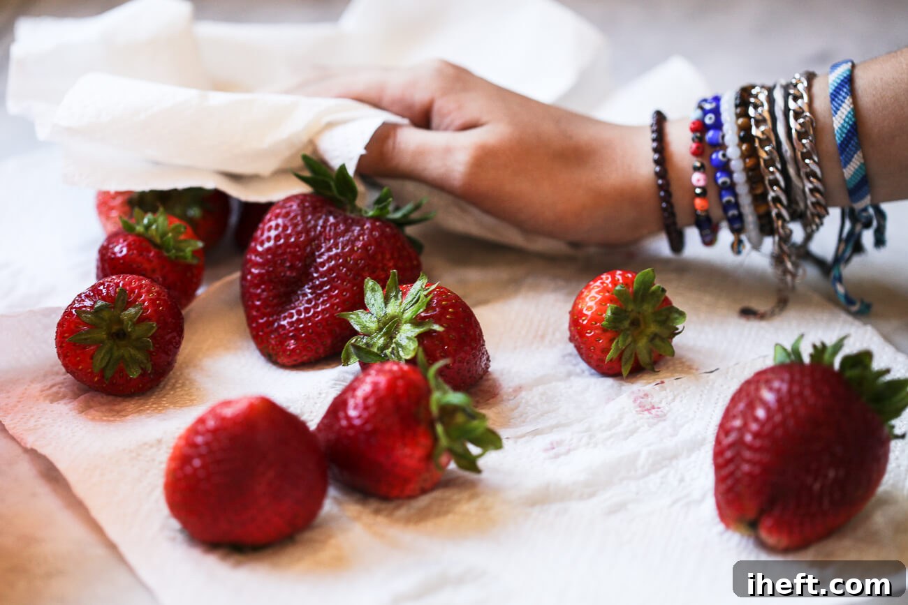 Fresh strawberries are patted dry with a paper towel.