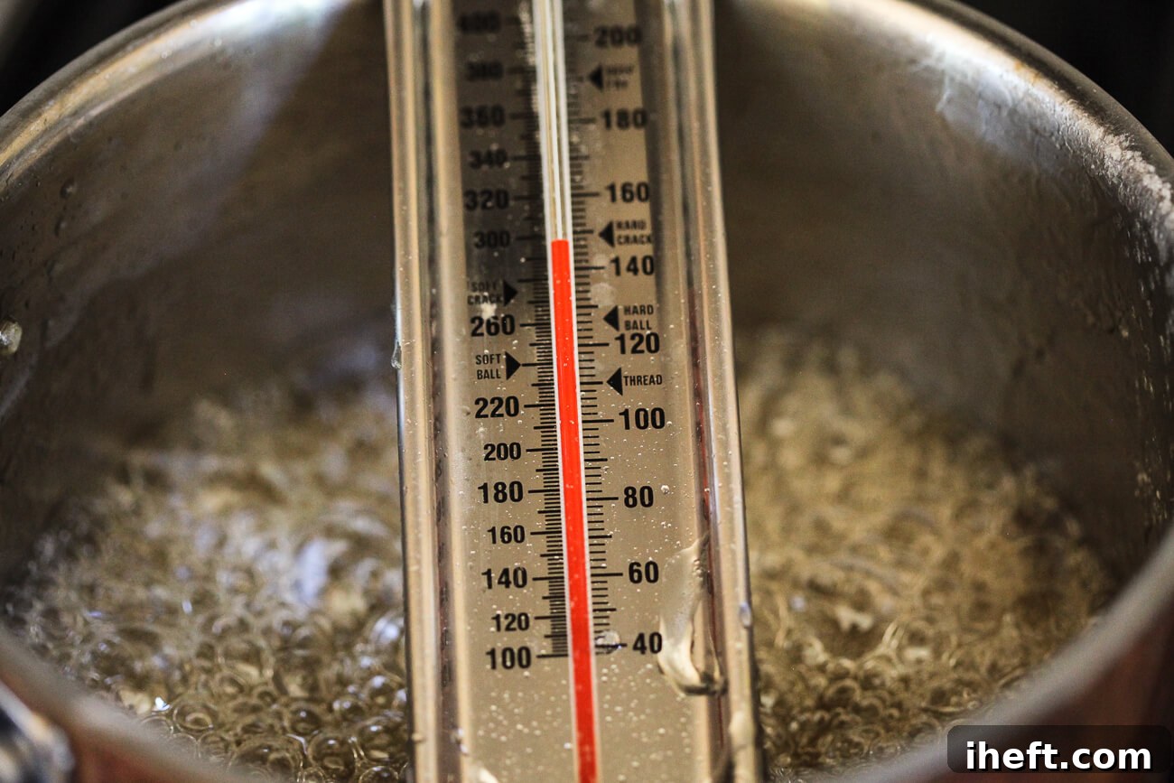 A candy thermometer sits in a saucepan filled with boiling sugar and water to make tanghulu.