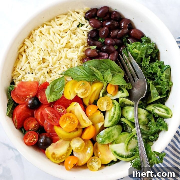 A rustic bowl brimming with the vibrant finished Kale, Heirloom Tomato, and Orzo Salad, beautifully garnished and ready to be served as a delightful meal.