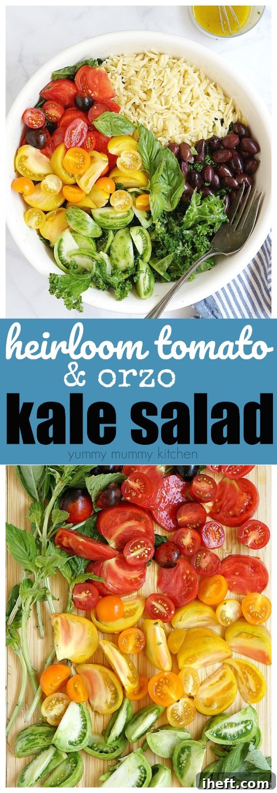 Beautifully arranged and vibrant colorful heirloom tomatoes providing an appealing topping for a healthy vegan kale salad featuring tender orzo pasta. This incredibly vibrant and satisfying salad is presented as an ideal option for festive parties or for efficient meal preparation.