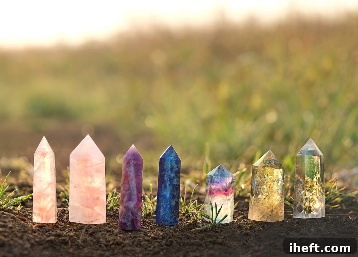 Seven crystals sit on the ground amidst lush green grass, illuminated by natural light, representing a peaceful setting for crystal cleansing.