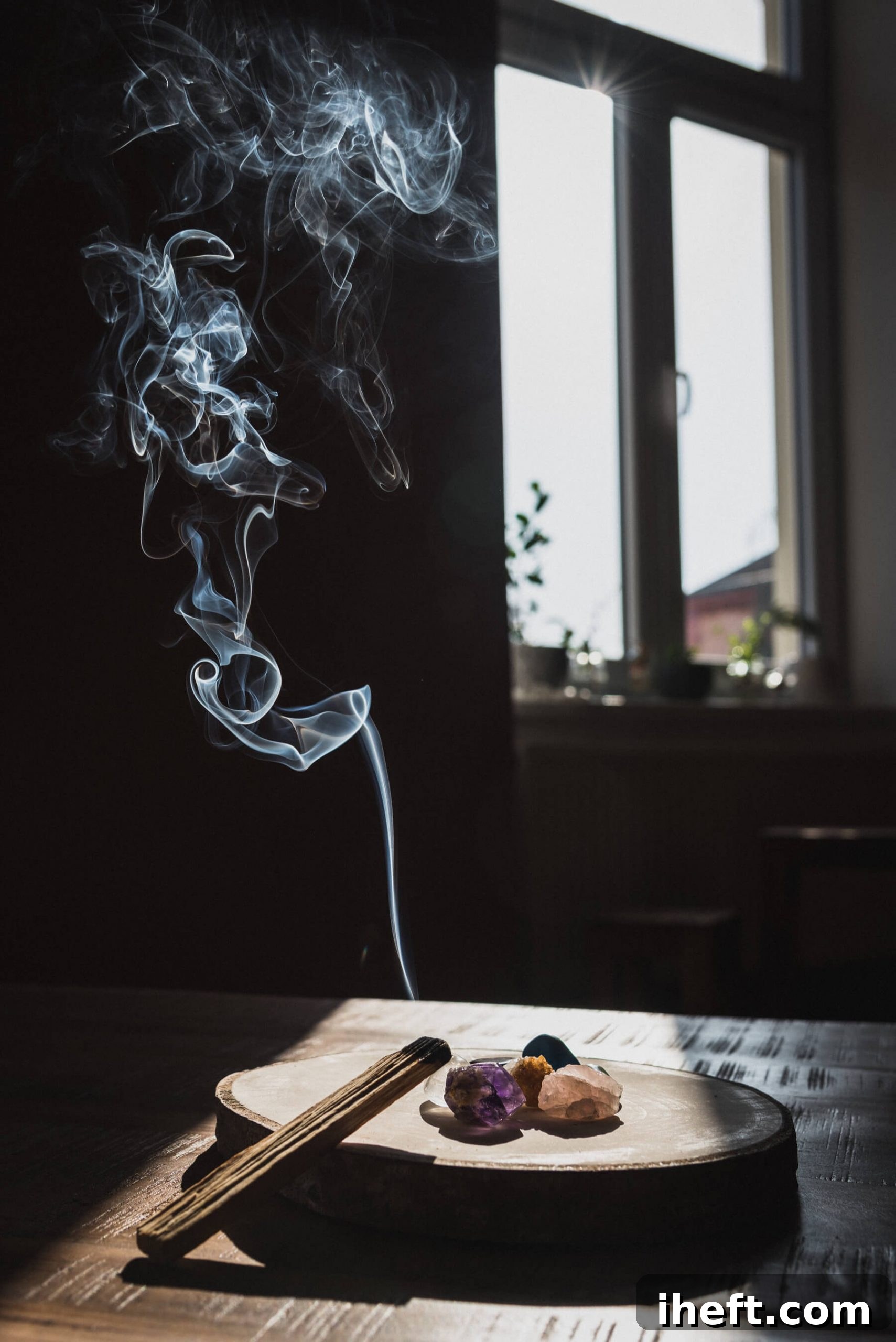 The gentle plume of smoke from burning Palo Santo gracefully ascends, enveloping a cluster of radiant crystals arranged on a wooden table, symbolizing a purifying smudging ritual. 
