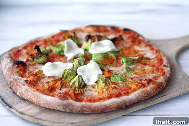 A freshly made homemade pizza, adorned with delicate squash blossoms and glistening fresh mozzarella cheese, resting on a rustic wooden pizza peel.