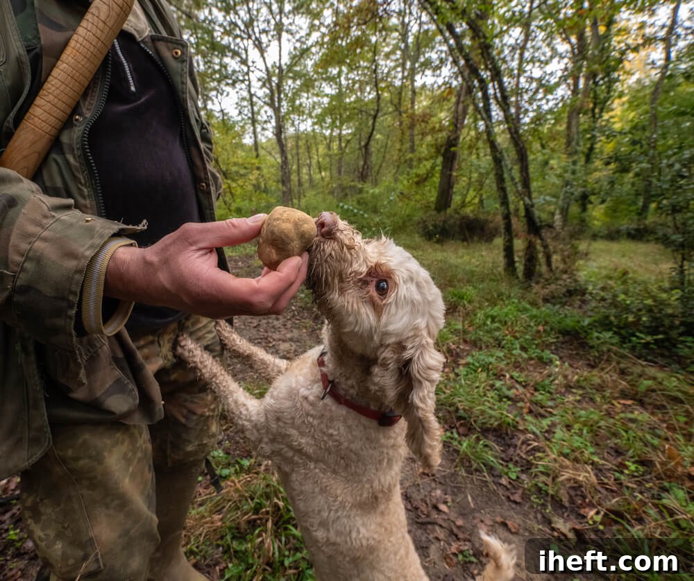 A dog sniffs a white truffle in a truffle hunter's hand in an Italian forest. 