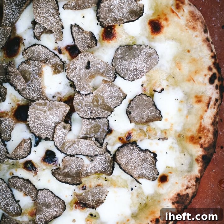 An overhead photo of a white pizza with fresh shaved black truffles.