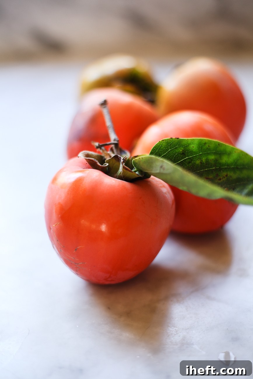 Five perfectly ripe Hachiya persimmons, their soft skins gleaming, laid out on a pristine marble kitchen counter, showcasing their readiness to be transformed into delicious baked goods.