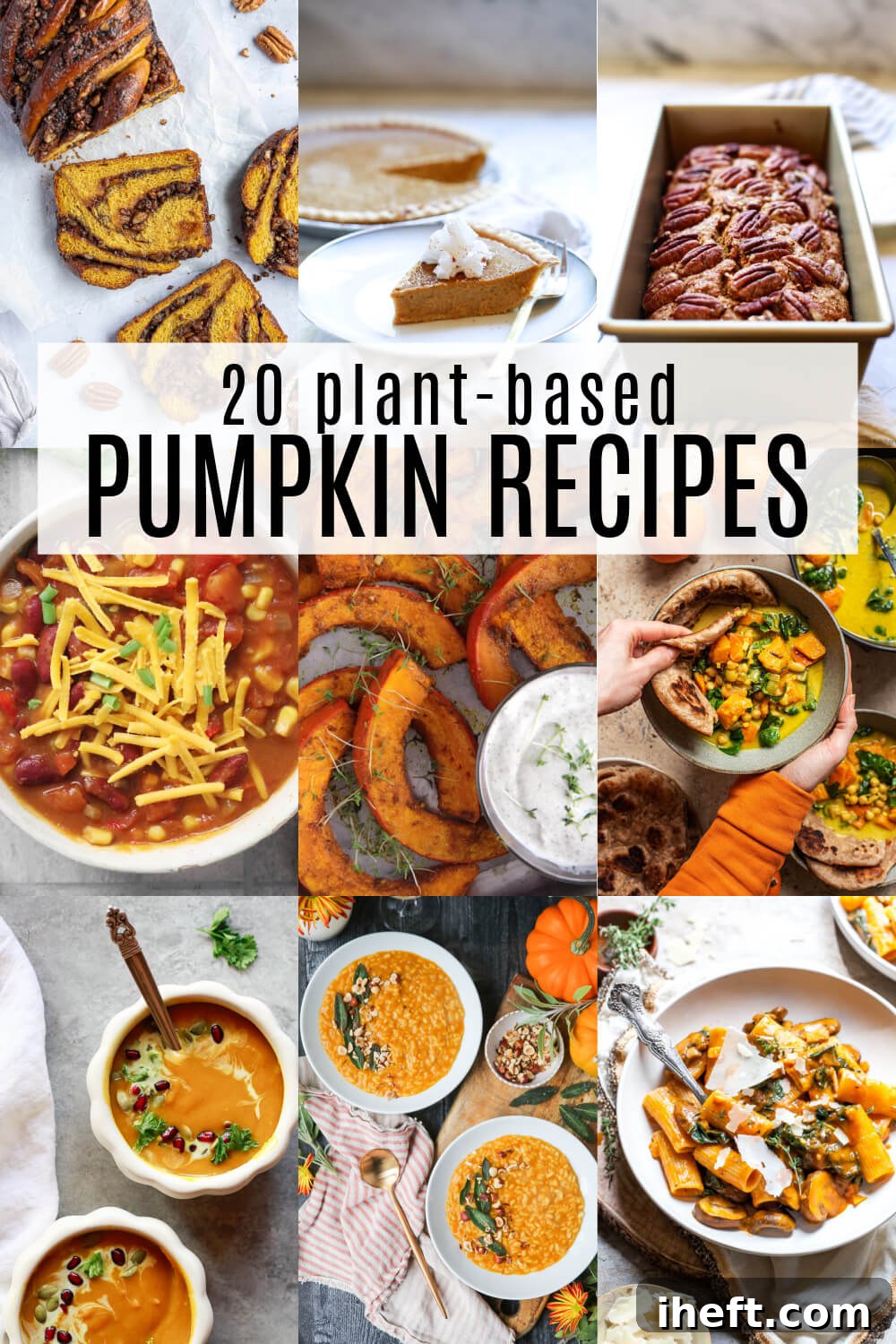 A collage of 9 vegan pumpkin recipes with text overlay that reads "20 plant-based pumpkin recipes"