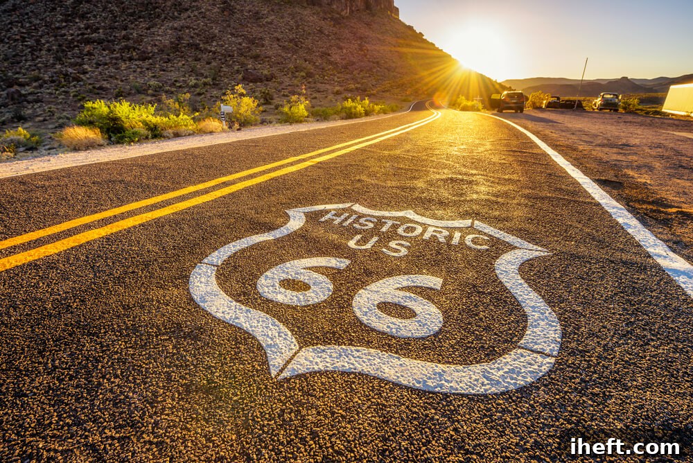 A captivating photograph of a road with 'Route 66' distinctly painted on its surface, symbolizing journeys and decisions.