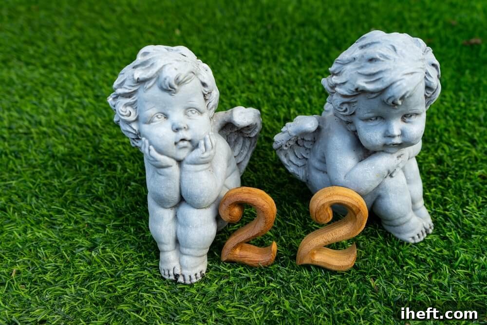 Two angel statues on a lawn with the number 22. 