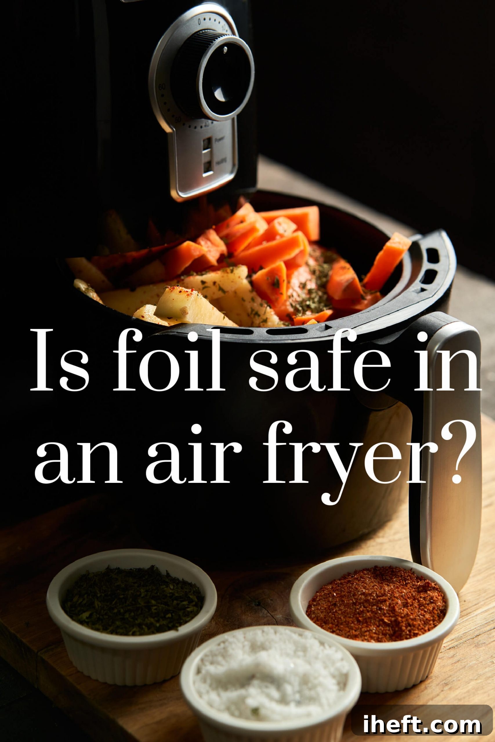 A black air fryer filled with carrots and potatoes, with white text overlay asking "Is foil safe in an air fryer?"