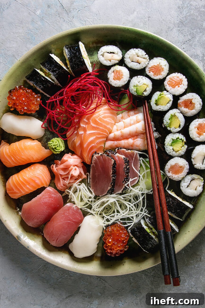 A stunning platter showcasing the distinct presentations of sushi rolls, delicate sashimi slices, and perfectly formed nigiri pieces, highlighting their unique characteristics.