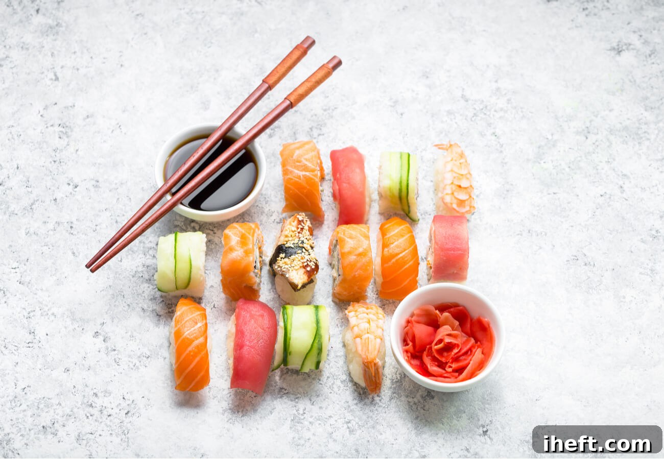 An inviting overhead photograph displays an assortment of nigiri, featuring glistening slices of salmon, ruby-red ahi tuna, and crisp cucumber elegantly draped over seasoned sushi rice. A small bowl of soy sauce rests thoughtfully in the left corner, ready for dipping.